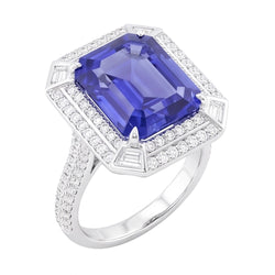 Anello con zaffiro blu con diamante a forma di smeraldo 4.50 carati con pavé di accenti