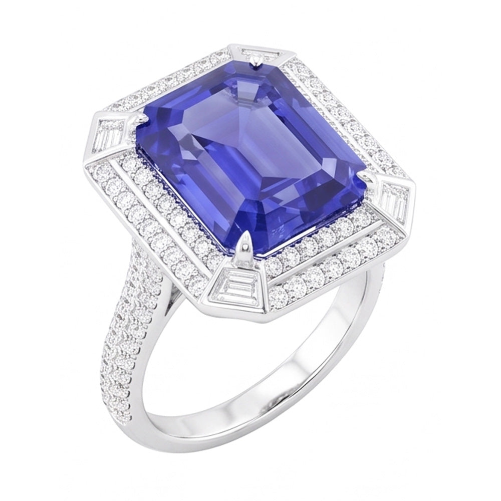 Anello con zaffiro blu con diamante a forma di smeraldo 4.50 carati con pavé di accenti