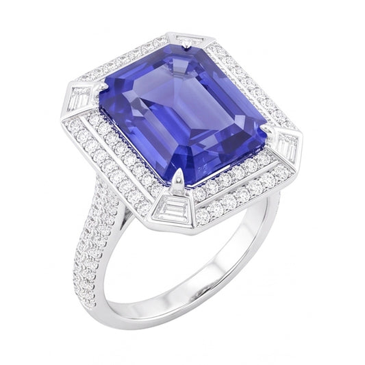 Anello con zaffiro blu con diamante a forma di smeraldo 4.50 carati con pavé di accenti