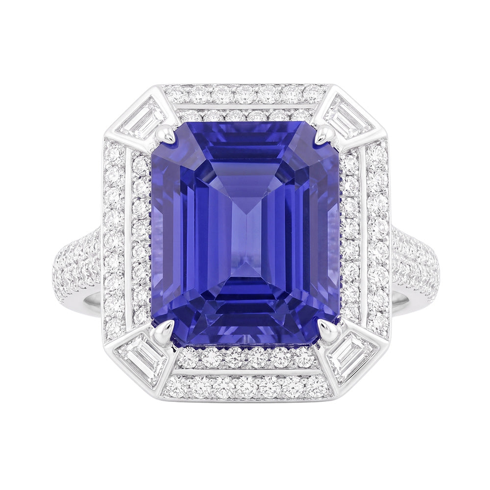 Anello con zaffiro blu con diamante a forma di smeraldo 4.50 carati con pavé di accenti