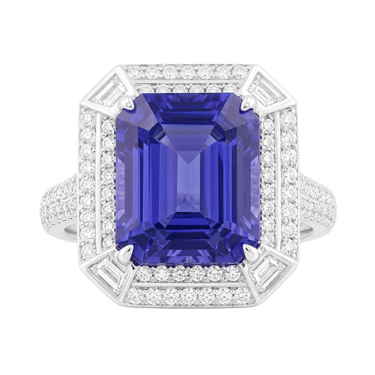 Anello con zaffiro blu con diamante a forma di smeraldo 4.50 carati con pavé di accenti
