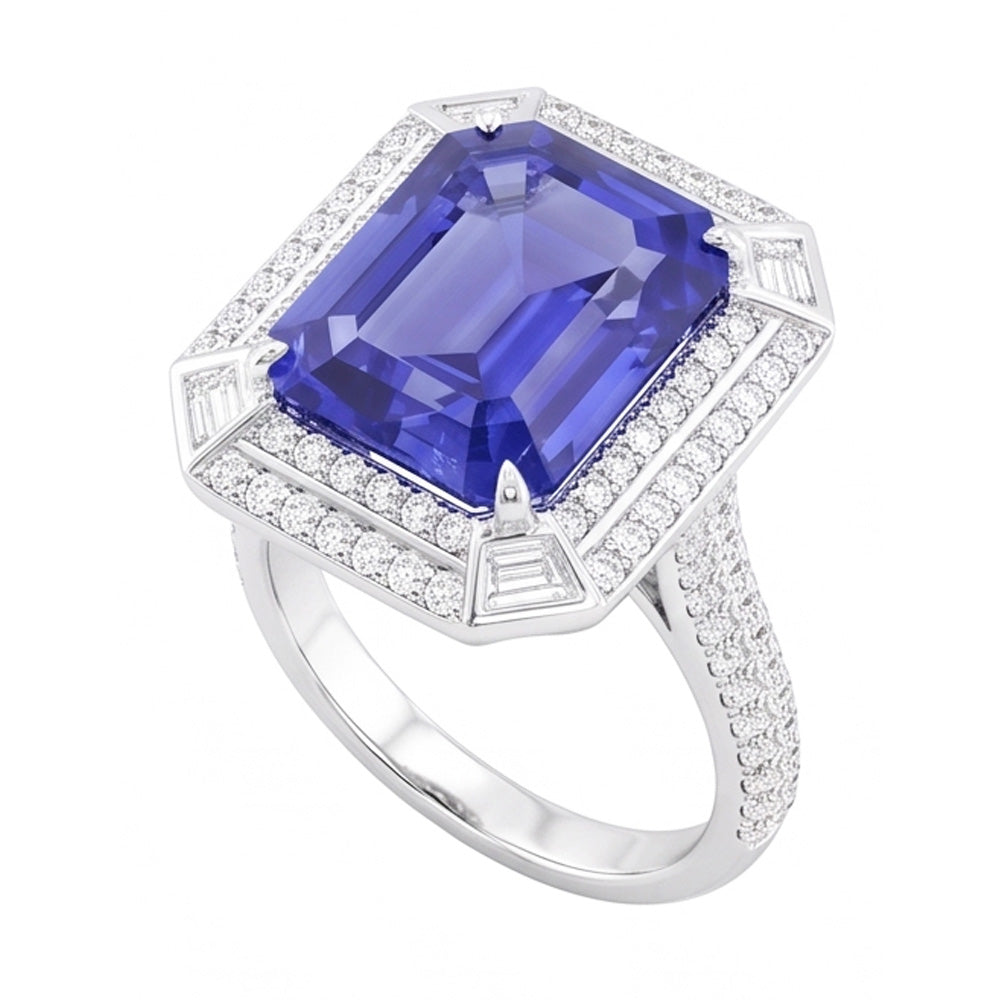 Anello con zaffiro blu con diamante a forma di smeraldo 4.50 carati con pavé di accenti