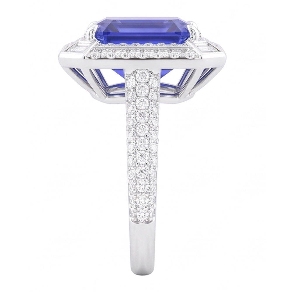 Anello con zaffiro blu con diamante a forma di smeraldo 4.50 carati con pavé di accenti