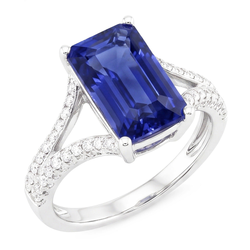 Anello con zaffiro blu con pietra preziosa smeraldo 4,50 carati con gambo diviso in oro bianco