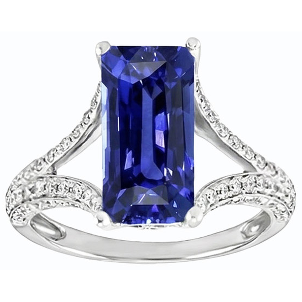 Anello con zaffiro blu con pietra preziosa smeraldo 4,50 carati con gambo diviso in oro bianco