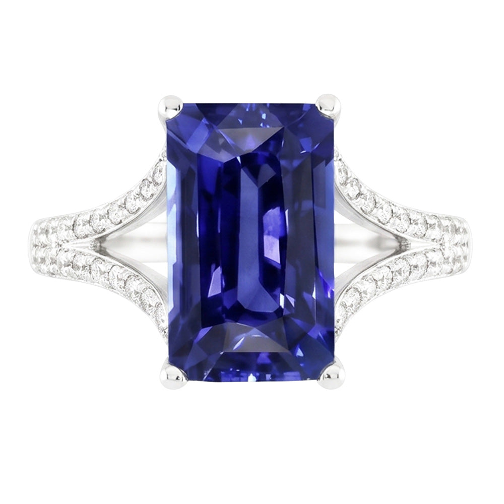 Anello con zaffiro blu con pietra preziosa smeraldo 4,50 carati con gambo diviso in oro bianco