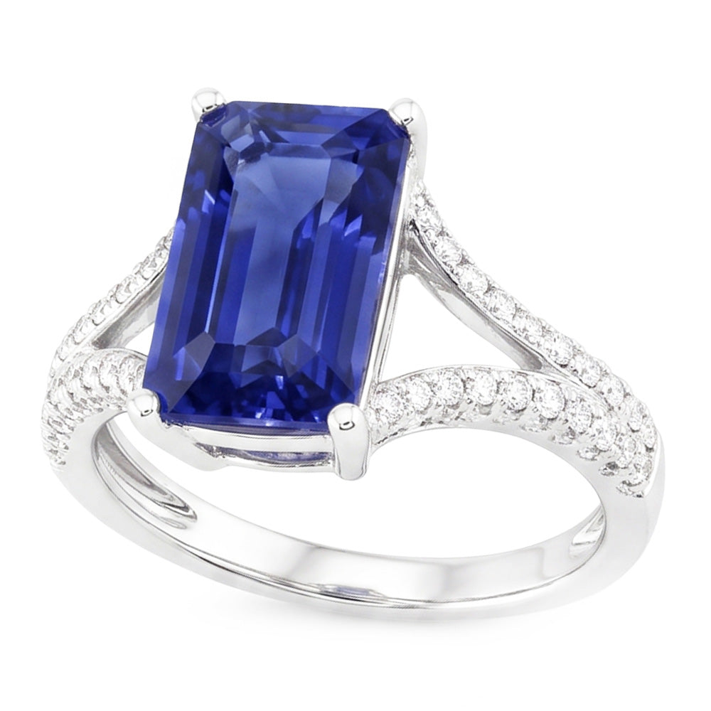 Anello con zaffiro blu con pietra preziosa smeraldo 4,50 carati con gambo diviso in oro bianco