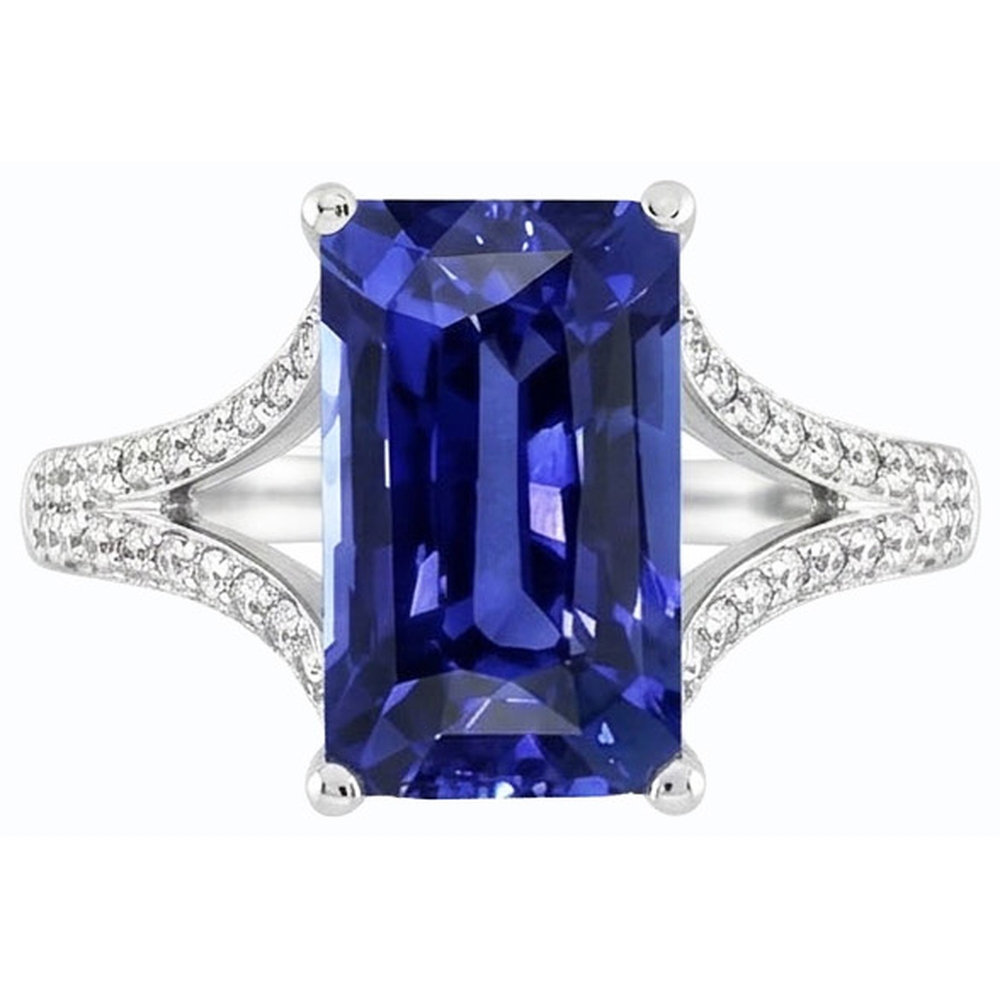 Anello con zaffiro blu con pietra preziosa smeraldo 4,50 carati con gambo diviso in oro bianco