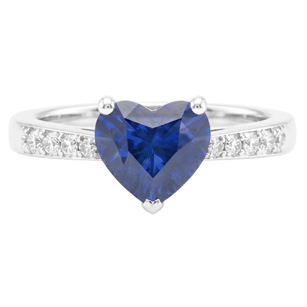 Anello con zaffiro blu cuore 2 carati Pietra preziosa naturale con diamante rotondo
