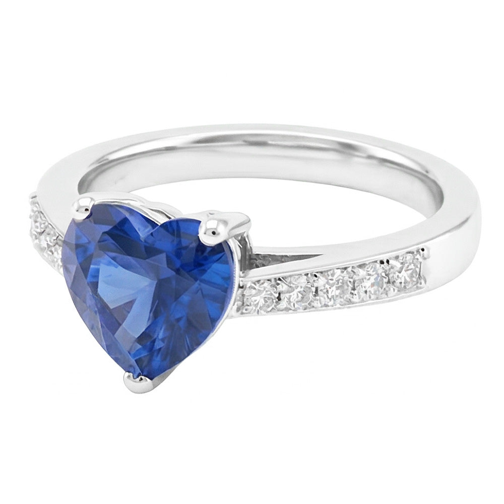 Anello con zaffiro blu cuore 2 carati Pietra preziosa naturale con diamante rotondo