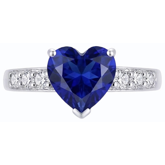 Anello con zaffiro blu cuore da 2,25 carati e accenti di pietre preziose di diamanti