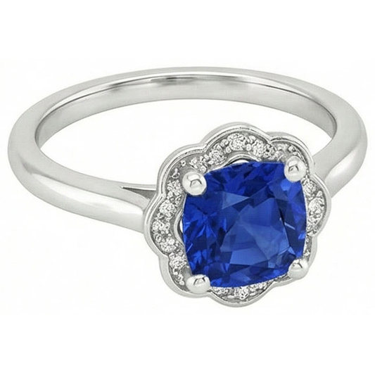 Anello con zaffiro blu cuscino da 1,50 carati e diamante rotondo con oro bianco 14K