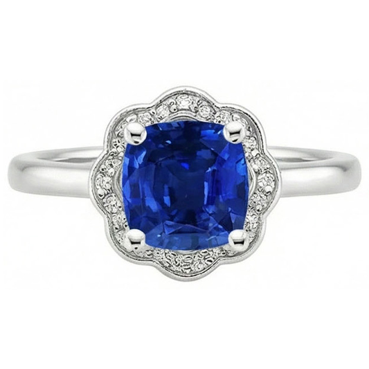 Anello con zaffiro blu cuscino da 1,50 carati e diamante rotondo con oro bianco 14K