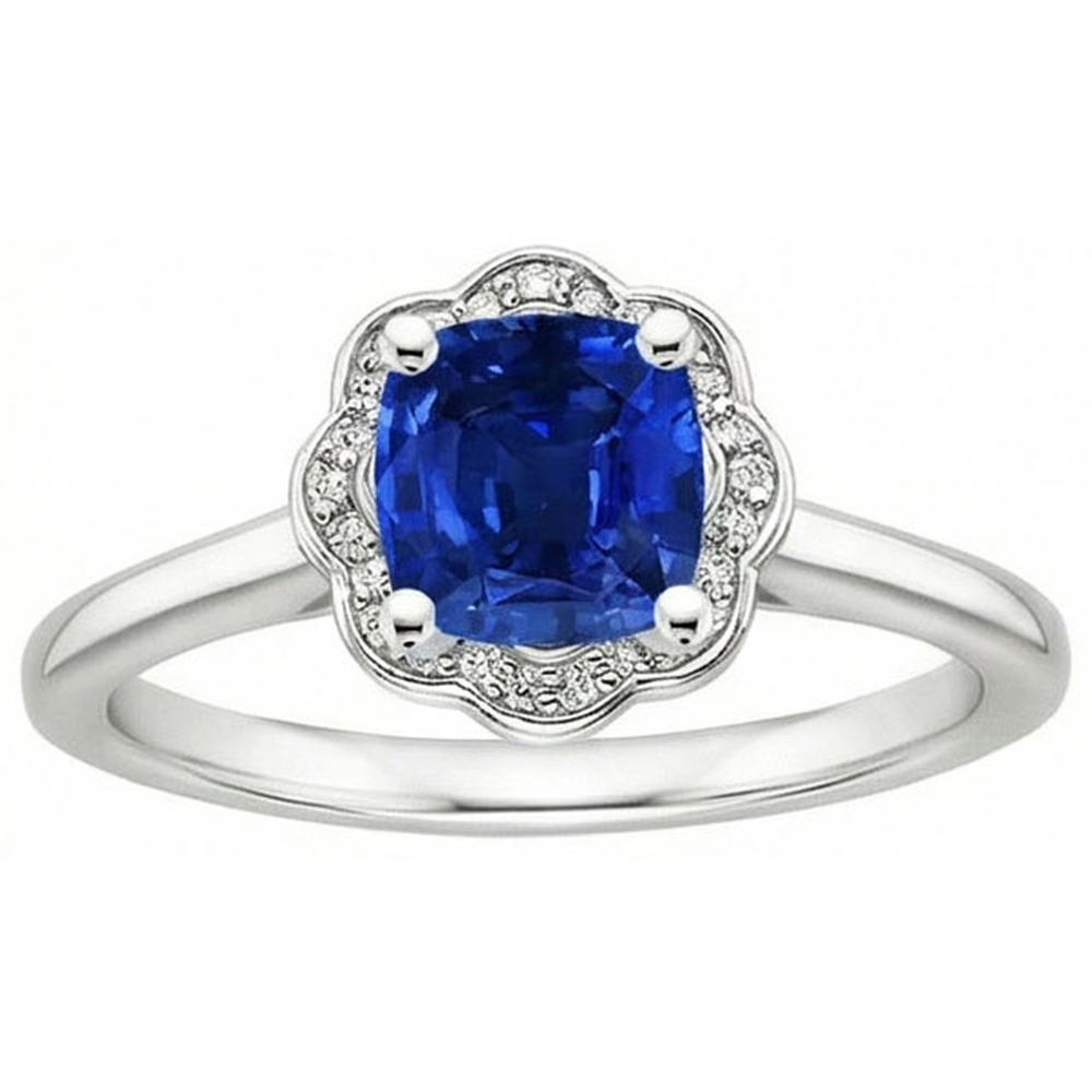 Anello con zaffiro blu cuscino da 1,50 carati e diamante rotondo con oro bianco 14K