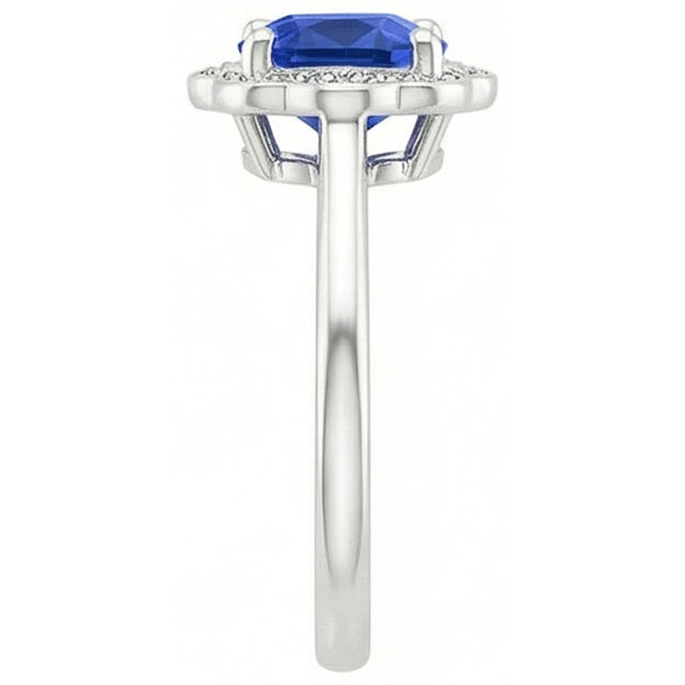 Anello con zaffiro blu cuscino da 1,50 carati e diamante rotondo con oro bianco 14K