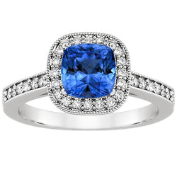 Anello con zaffiro blu cuscino da 3,40 carati dello Sri Lanka e diamanti in oro bianco 14K