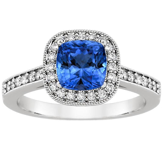 Anello in oro bianco 14 carati con diamanti 3.40 ct. cuscino. zaffiro blu dello Sri Lanka - harrychadent.it