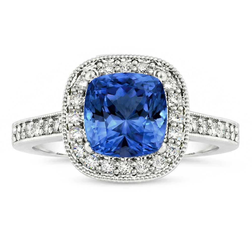 Anello con zaffiro blu cuscino da 3,40 carati dello Sri Lanka e diamanti in oro bianco 14K