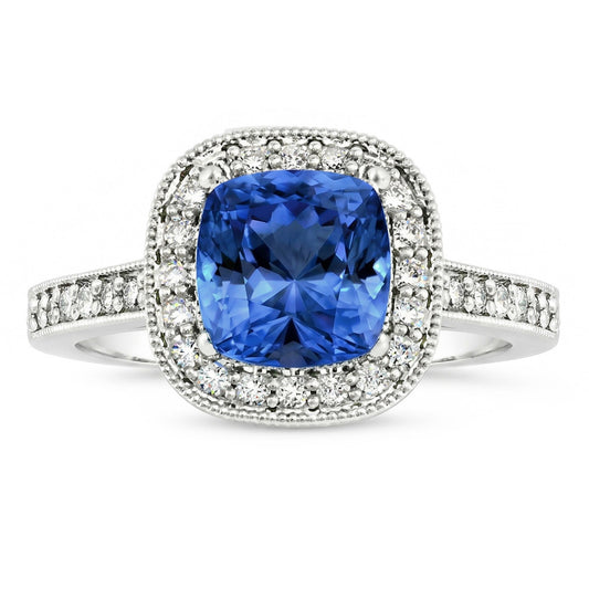 Anello con zaffiro blu cuscino da 3,40 carati dello Sri Lanka e diamanti in oro bianco 14K