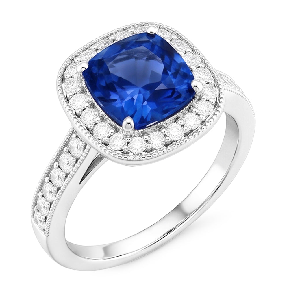 Anello con zaffiro blu cuscino da 3,40 carati dello Sri Lanka e diamanti in oro bianco 14K