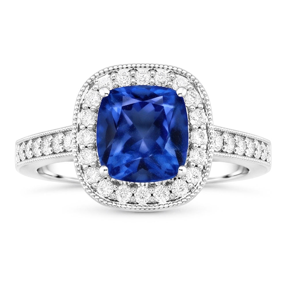 Anello con zaffiro blu cuscino da 3,40 carati dello Sri Lanka e diamanti in oro bianco 14K