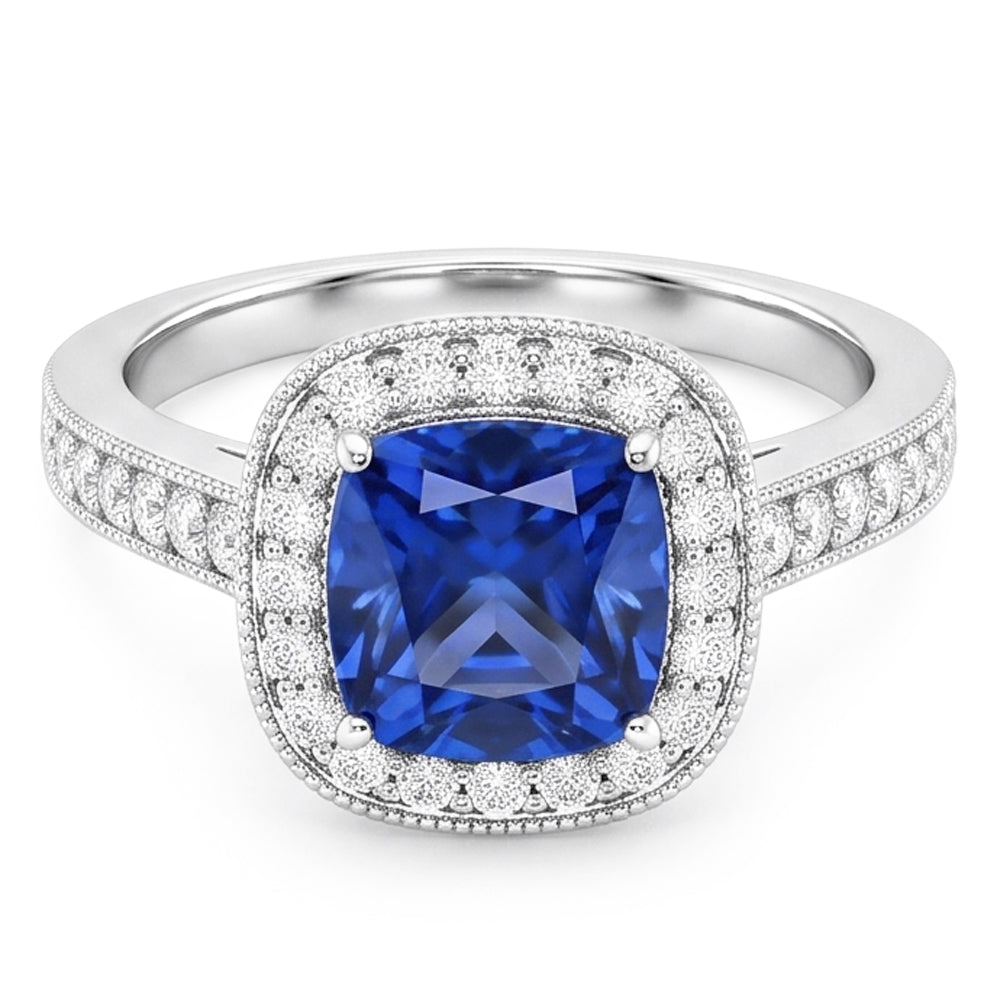 Anello con zaffiro blu cuscino da 3,40 carati dello Sri Lanka e diamanti in oro bianco 14K