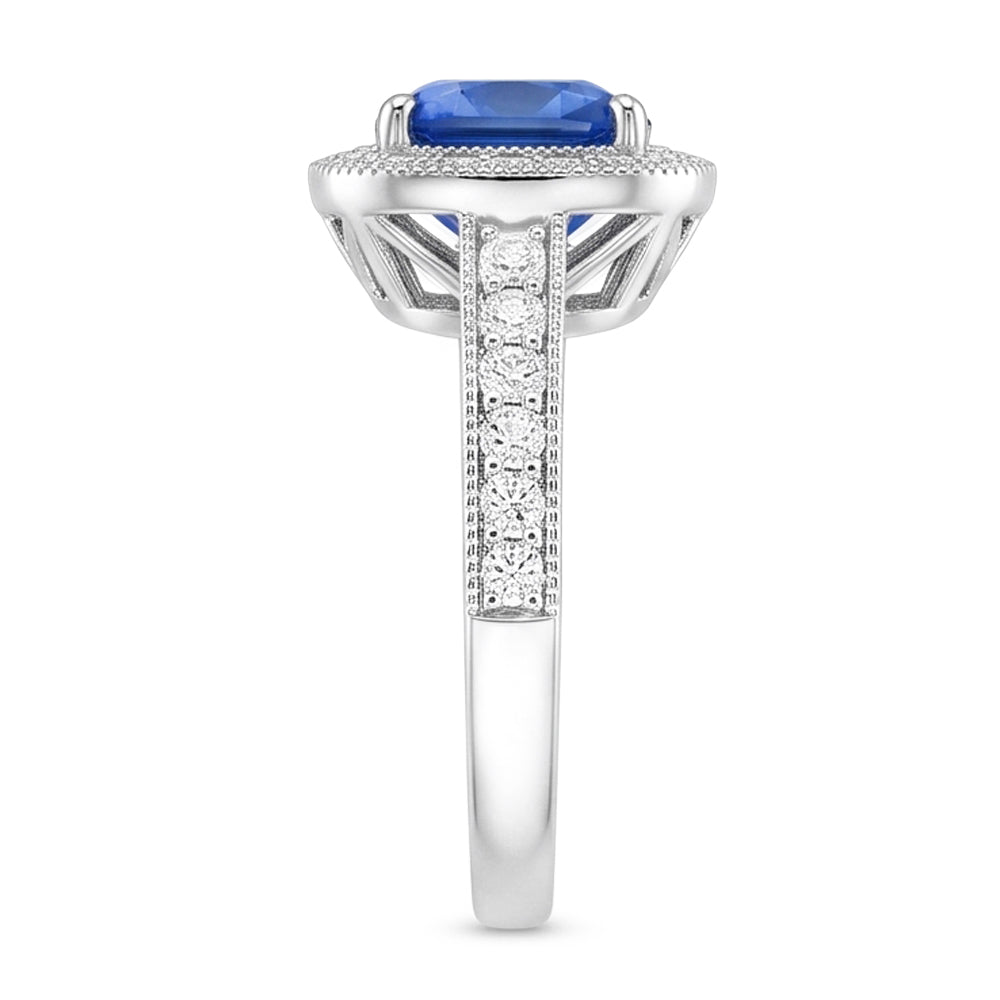 Anello con zaffiro blu cuscino da 3,40 carati dello Sri Lanka e diamanti in oro bianco 14K