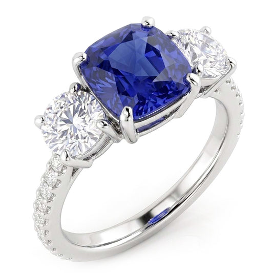 Anello con zaffiro blu cuscino diamante 3 stile pietra e accenti 3.50 carati