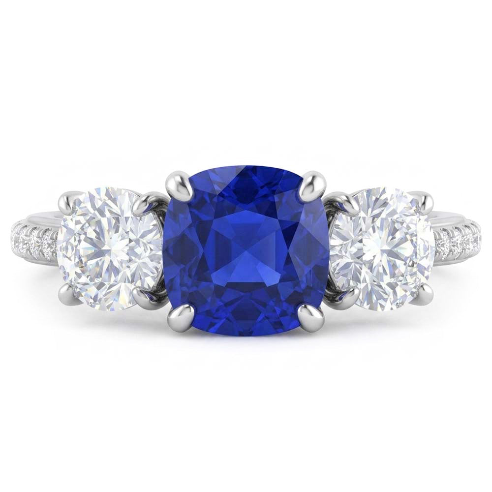 Anello con zaffiro blu cuscino diamante 3 stile pietra e accenti 3.50 carati