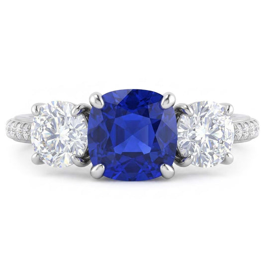 Anello con zaffiro blu cuscino diamante 3 stile pietra e accenti 3.50 carati