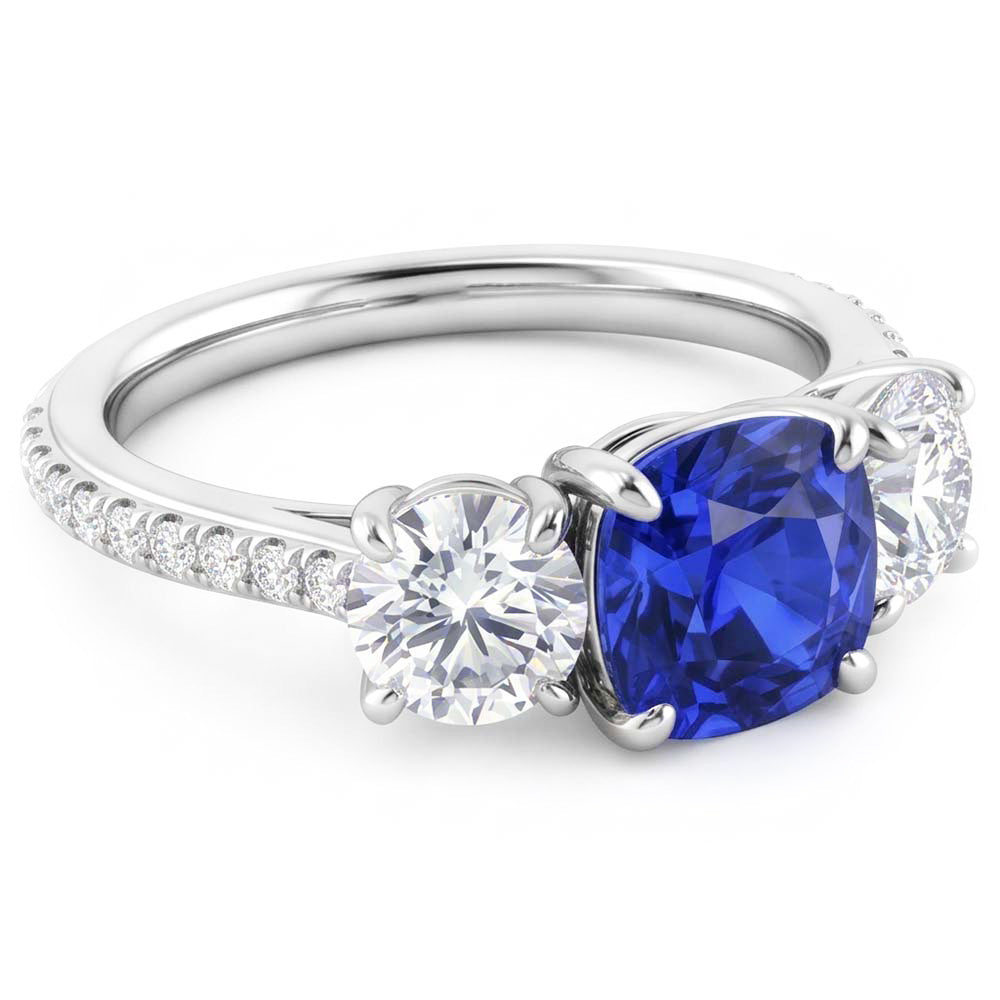Anello con zaffiro blu cuscino diamante 3 stile pietra e accenti 3.50 carati