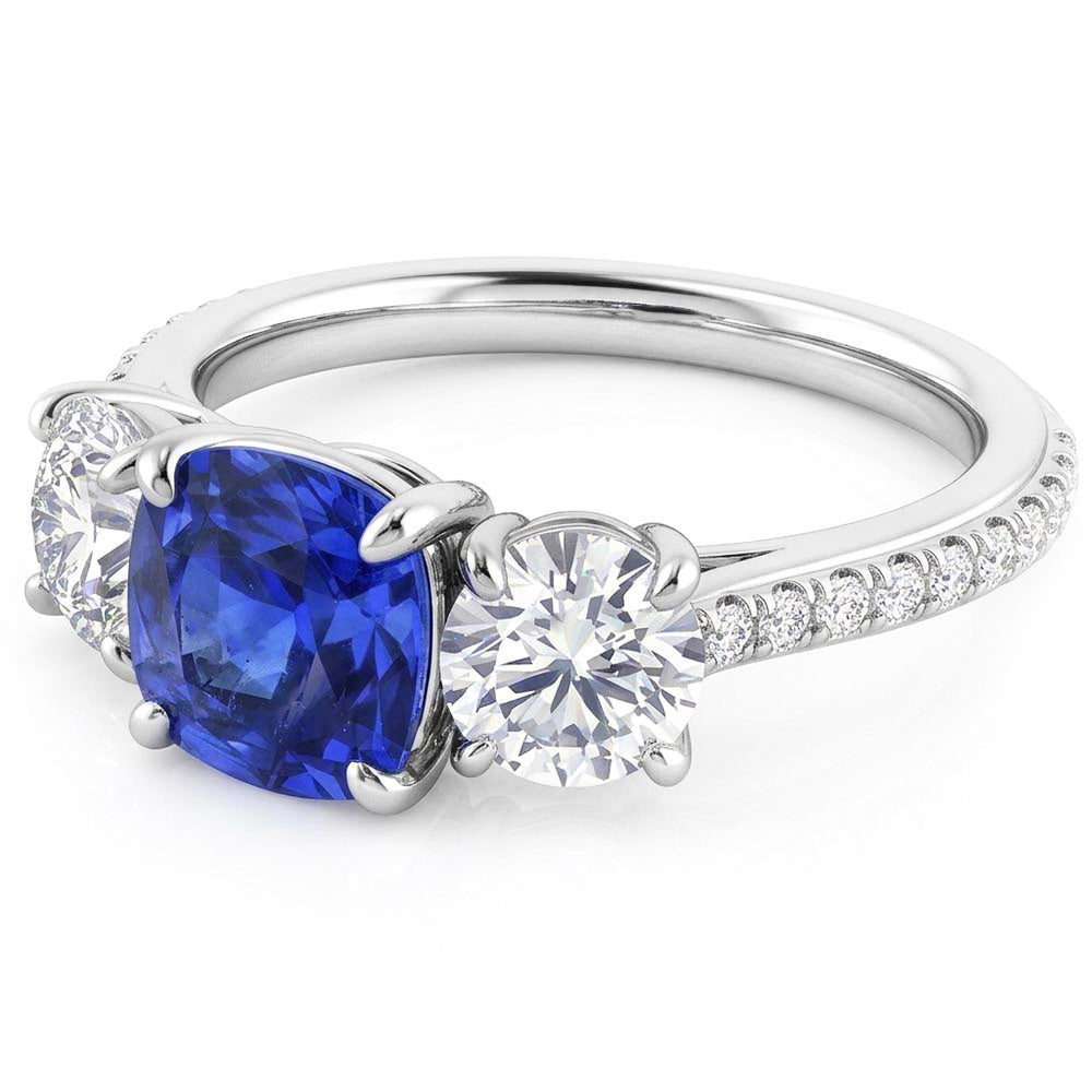 Anello con zaffiro blu cuscino diamante 3 stile pietra e accenti 3.50 carati
