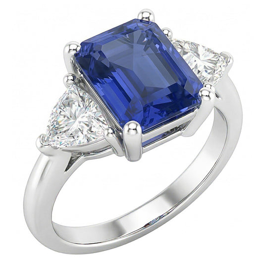 Anello con zaffiro blu da 2 carati, tre trilioni di diamanti, punte naturali