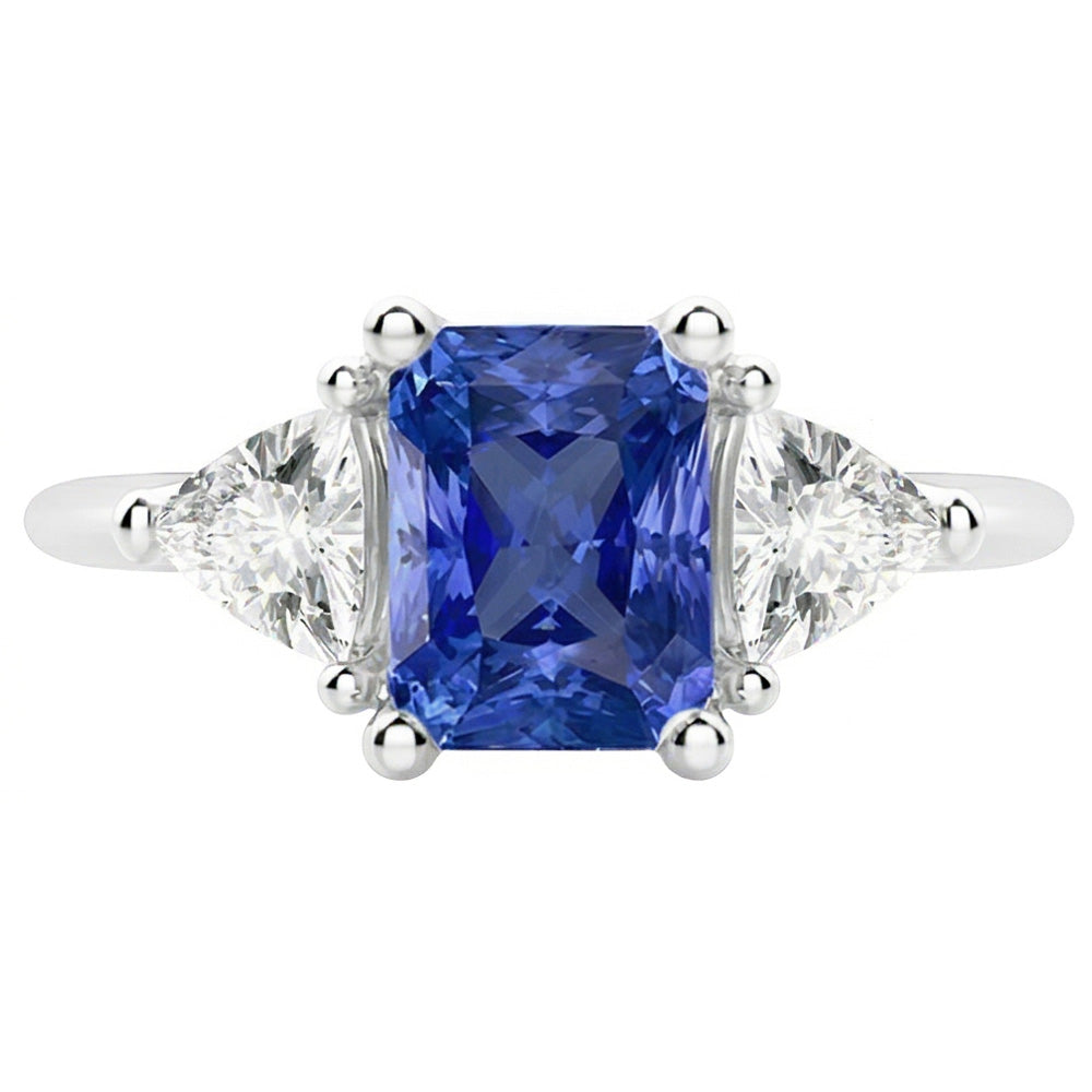 Anello con zaffiro blu da 2 carati, tre trilioni di diamanti, punte naturali