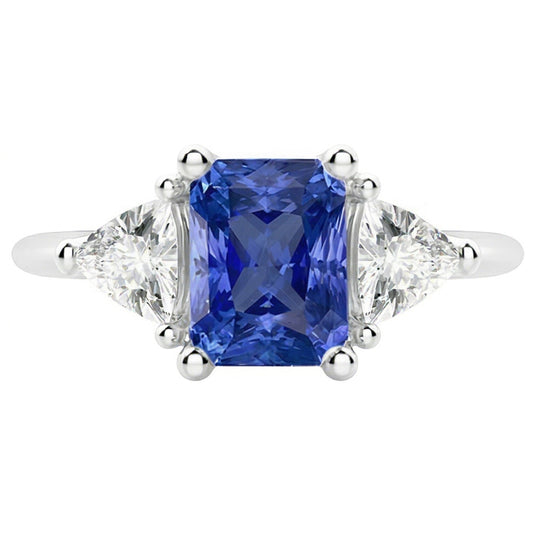 Anello con zaffiro blu da 2 carati, tre trilioni di diamanti, punte naturali
