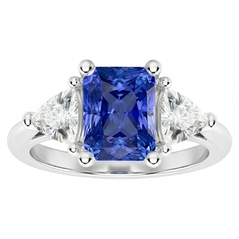 Anello con zaffiro blu da 2 carati, tre trilioni di diamanti, punte naturali