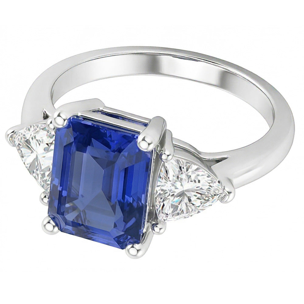 Anello con zaffiro blu da 2 carati, tre trilioni di diamanti, punte naturali