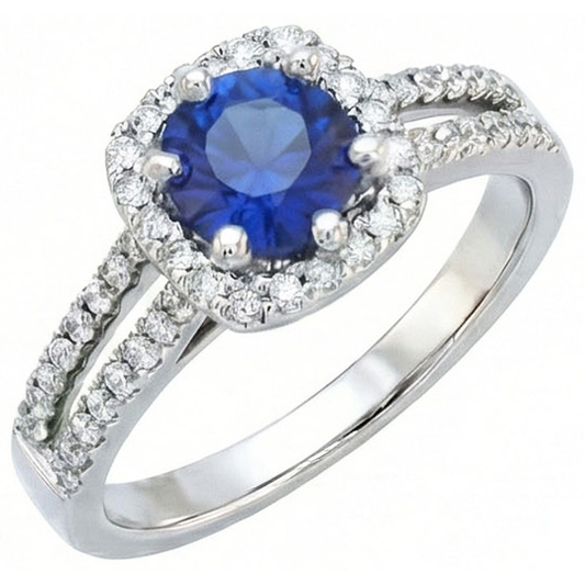 Anello con zaffiro blu da 2,50 carati e diamante rotondo in oro bianco 14K