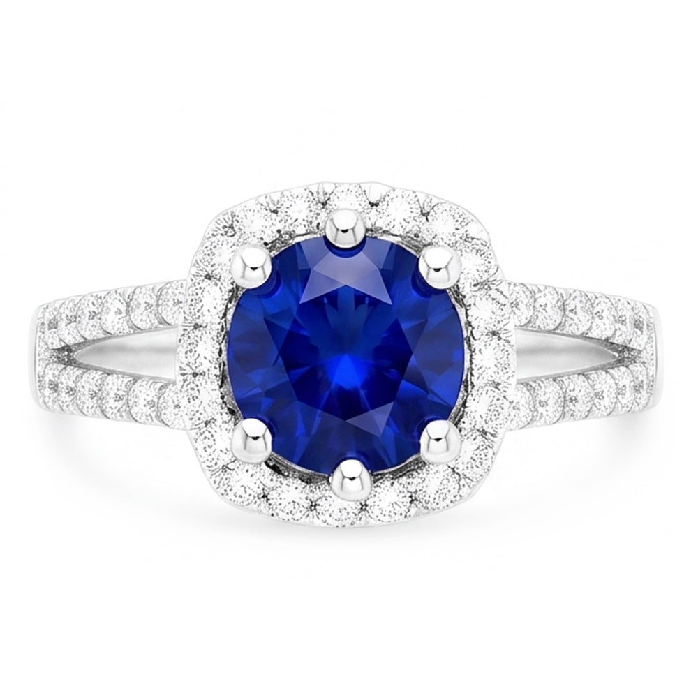 Anello con zaffiro blu da 2,50 carati e diamante rotondo in oro bianco 14K