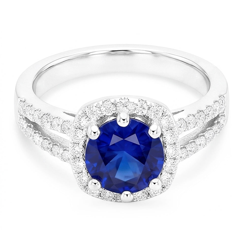 Anello con zaffiro blu da 2,50 carati e diamante rotondo in oro bianco 14K