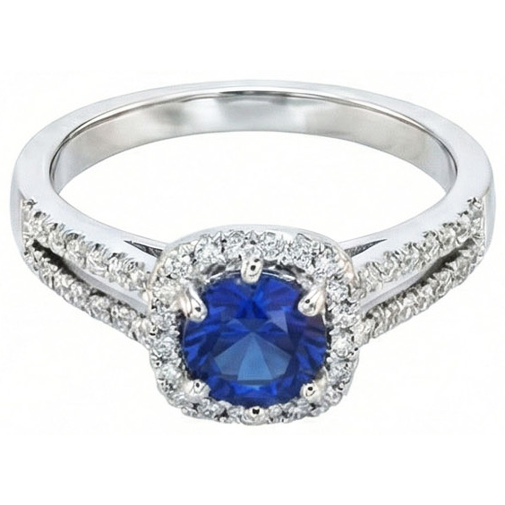 Anello con zaffiro blu da 2,50 carati e diamante rotondo in oro bianco 14K