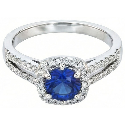 Anello con zaffiro blu da 2,50 carati e diamante rotondo in oro bianco 14K
