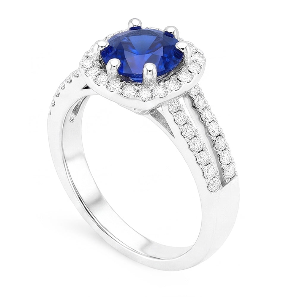 Anello con zaffiro blu da 2,50 carati e diamante rotondo in oro bianco 14K