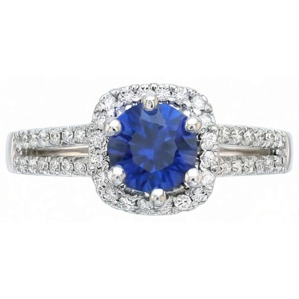 Anello con zaffiro blu da 2,50 carati e diamante rotondo in oro bianco 14K