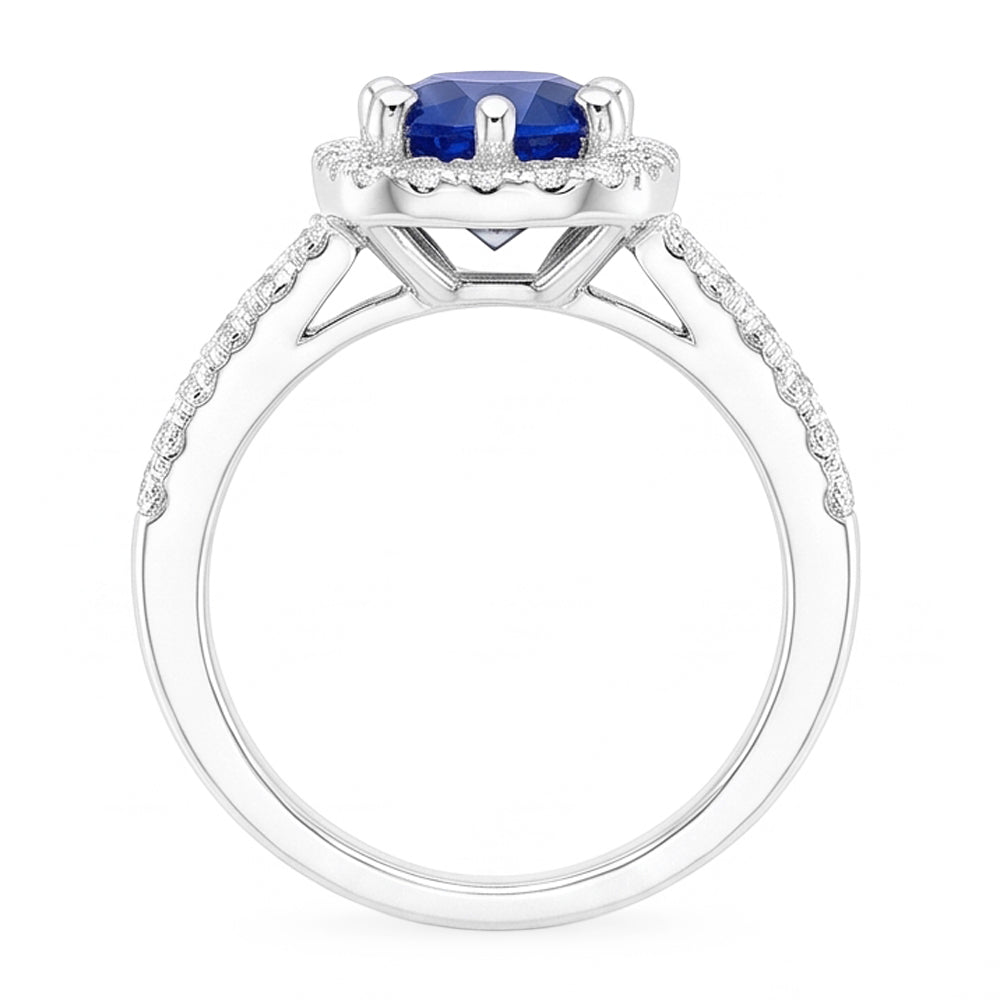 Anello con zaffiro blu da 2,50 carati e diamante rotondo in oro bianco 14K