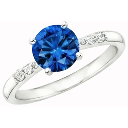 Anello con zaffiro blu da 3,40 carati e diamante rotondo in oro bianco 14K