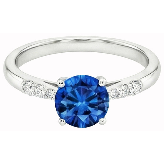 Anello con zaffiro blu da 3,40 carati e diamante rotondo in oro bianco 14K