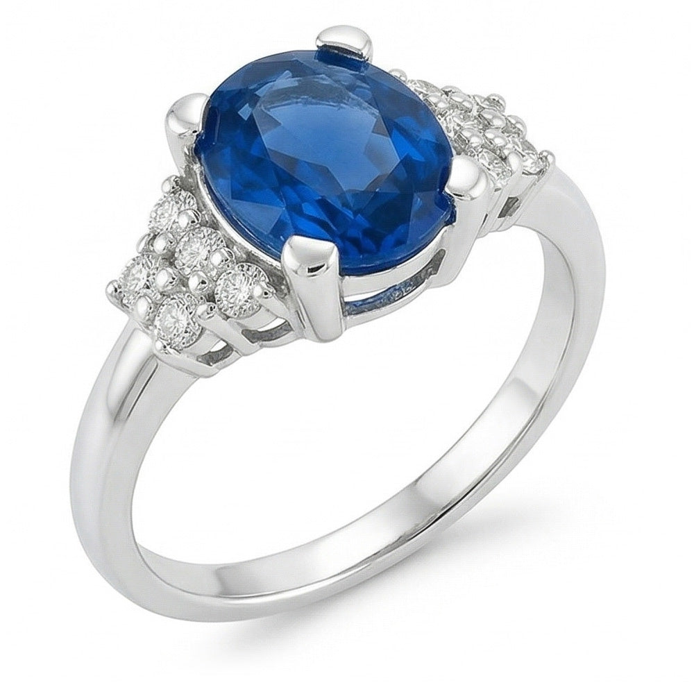 Anello con zaffiro blu dello Sri Lanka 4 carati e diamanti in oro bianco 14K