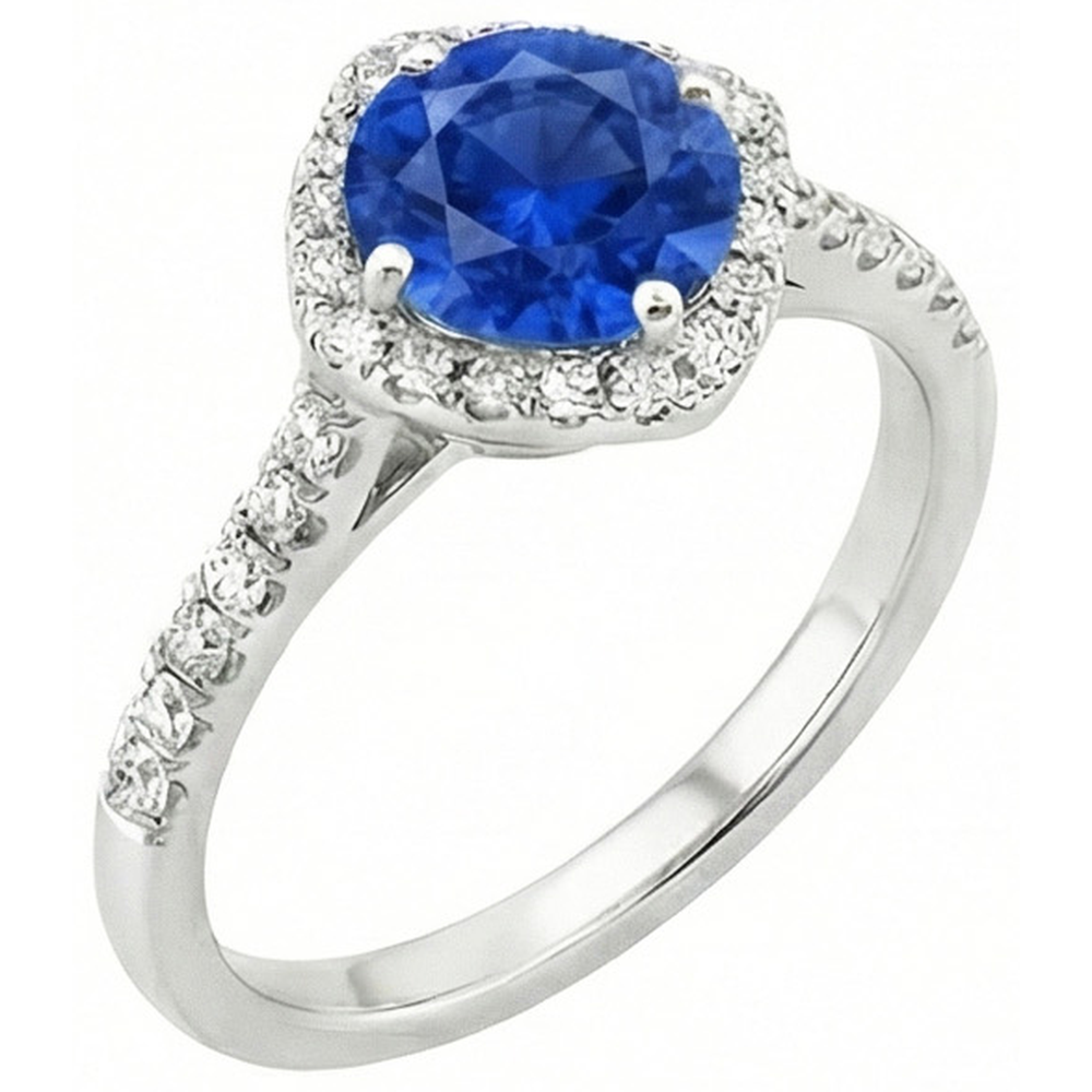 Anello con zaffiro blu dello Sri Lanka a 4 carati e diamante rotondo in oro bianco 14K