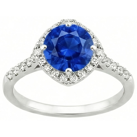 Anello con zaffiro blu dello Sri Lanka a 4 carati e diamante rotondo in oro bianco 14K